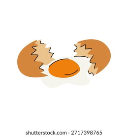 Cartoon quebrado ovo de galinha marrom com proteína líquida crua e gema fluindo para baixo. Um ovo cru no estilo doodle. Ilustração vetorial isolada