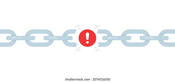 cartoon broken chain with red exclamation point. flat style modern disruption logo element graphic design isolated on white background. concept of online system error or unleash or easy disconnect