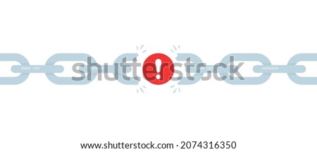 cartoon broken chain with red exclamation point. flat style modern disruption logo element graphic design isolated on white background. concept of online system error or unleash or easy disconnect