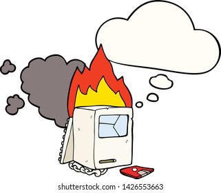 cartoon broken computer with thought bubble