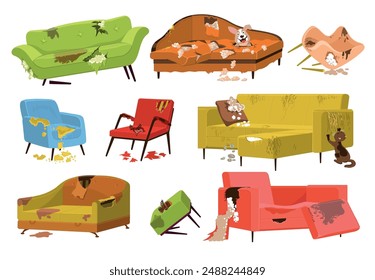 Cartoon broken couches. Dirty old sofas. Damaged soft furniture. Room elements with torn upholstery. Protruding springs. Abandoned home. Ragged armchair cushion. Splendid