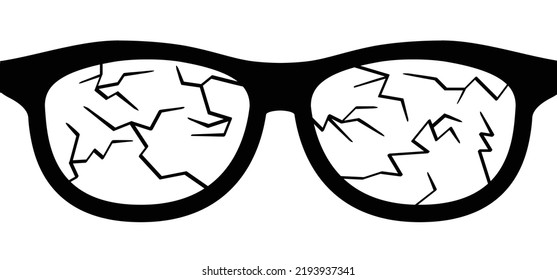 Cartoon broken glasses and eyeglasses. Black damaged cracked glass. Glasses frame model icon or symbol. Black eyeglasses silhouettes. Old break glasses