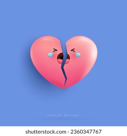 Cartoon broken heart. cute sad or cries face character set, breakup and heartbreak. vector design.