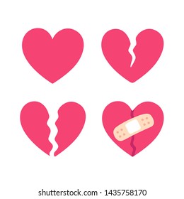 Cartoon broken heart set, crack fixed with bandage. Breakup and heartbreak symbol. Simple flat vector style clip art illustration.
