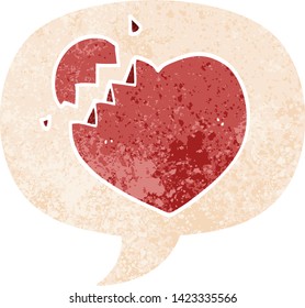 caricatura de corazón roto con burbuja de habla en un estilo retro angustiado estilo texturizado