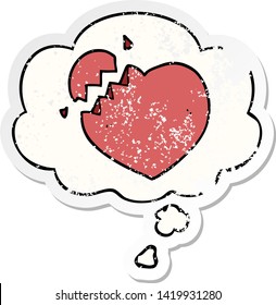 cartoon broken heart with thought bubble as a distressed worn sticker