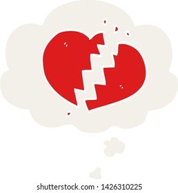 caricatura corazón roto con burbuja de pensamiento en estilo retro