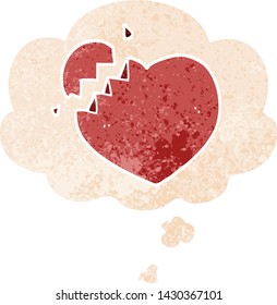 cartoon broken heart with thought bubble in grunge distressed retro textured style