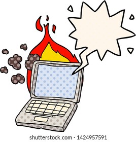 cartoon broken laptop computer with speech bubble in comic book style