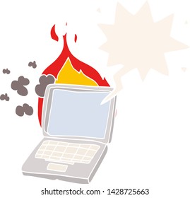 cartoon broken laptop computer with speech bubble in retro style