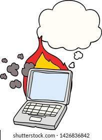 cartoon broken laptop computer with thought bubble