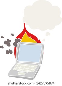 cartoon broken laptop computer with thought bubble in retro style