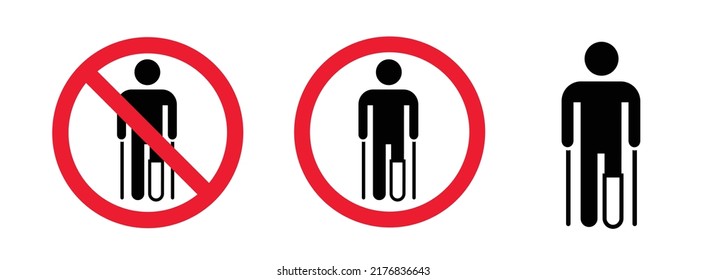 Cartoon broken leg with crutches. Stick figure man or stickman, injured man in bandage with crutches no allowed. Red circle road sign or symbol. Stop, no ban. For people with disability, individuals.