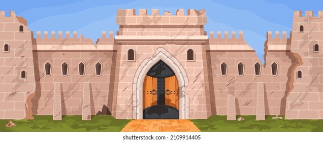 Cartoon broken medieval castle or city wall ruins after war. Abandoned stone block fortress with towers. Ruined kingdom walls vector scene. Historic palace exterior with defensive door gate