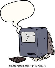 caricatura de una vieja computadora rota con burbuja de habla