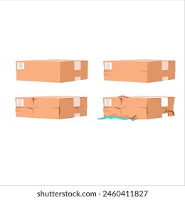 Cartoon broken package. Ripped and wet shipping cardboard packaging Pro Vector.Flat vector illustration isolated on white background