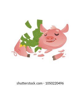 Cartoon broken piggy bank icon. Happy pig money box without savings with smiling facial expression. Business finance, banking rich and weath concept. Vector isolated background illustration