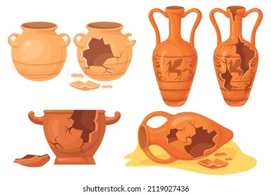 Cartoon broken pottery. Old cracked ceramic vases, history archeology urn for museum, ancient clay pots jar jug vessel, greece or roman artefacts, isolated neat vector illustration and broken pottery