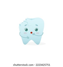 Cartoon broken tooth with cracks. Cute dental mascot for kids clinic. Tooth decay.