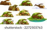 Cartoon broken tree in moss in swamp jungle. Stump with liana branches, ivy, cattails, bulrush. Log in honey mushrooms, under snow, with fungus. Isolated vector elements game on white background.