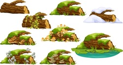 Cartoon Broken Tree In Moss In Swamp Jungle. Stump With Liana Branches, Ivy, Cattails, Bulrush. Log In Honey Mushrooms, Under Snow, With Fungus. Isolated Vector Elements Game On White Background.