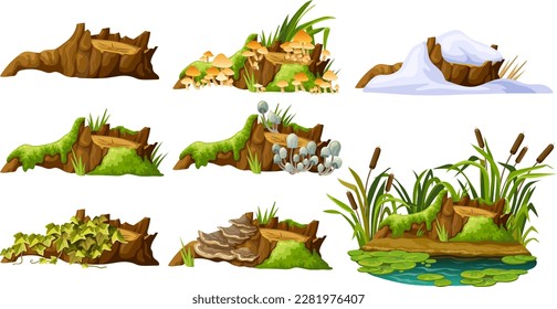 Cartoon broken tree in moss in swamp jungle. Stump with liana branches, ivy, cattails, bulrush. Log in honey mushrooms, under snow, with fungus. Isolated vector elements game on white background.