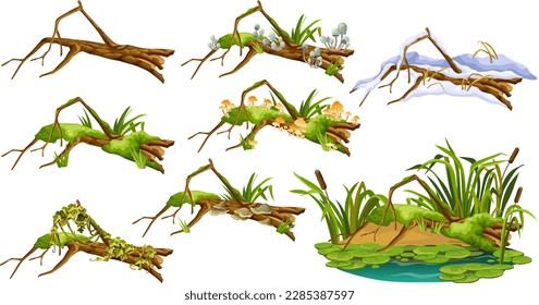 Cartoon broken tree in moss in swamp jungle. Stump with liana branches, ivy, cattails, bulrush. Log in honey mushrooms, under snow, with fungus. Isolated vector elements game on white background.