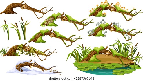 Cartoon broken tree in moss in swamp jungle. Stump with liana branches, ivy, cattails, bulrush. Log in honey mushrooms, under snow, with fungus. Isolated vector elements game on white background.