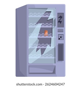 Cartoon broken vending machine with cracked glass for selling snacks and drinks