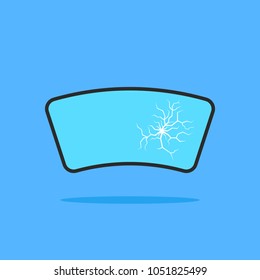cartoon broken windshield cracked glass. concept of shatter and mechanical damage on car screen or repair service. flat simple trend black logotype graphic design isolated on blue background