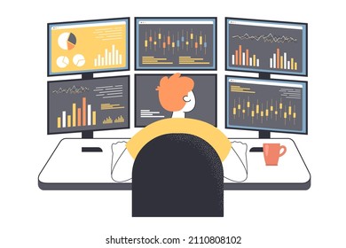 Agente de dibujos animados frente a múltiples pantallas de computadora en la oficina. Comerciante de valores que observa gráficos, gráficos y diagramas de ilustraciones vectoriales planas. Concepto de economía, finanzas para banner o página web de aterrizaje