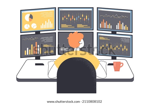 Cartoon broker in front of multiple computer screens\
in office. Stock trader looking at charts, graphs and diagrams flat\
vector illustration. Economics, finances concept for banner or\
landing web page