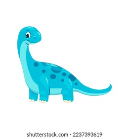 Caricatura de brontosaurus dinosaurio, lindo animal prehistórico de dino. Criatura herbívora vectorial aislada kawaii jurassic era con cuello largo, cola y piel azul. Lagartija de sauropod bebe, reptil amigable