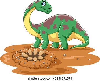 Cartoon brontosaurus dinosaur with eggs in the field