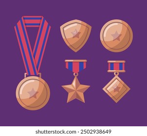 Cartoon Bronze Awards Medal with Ribbon, Rhomb and Star Set. Vector illustration