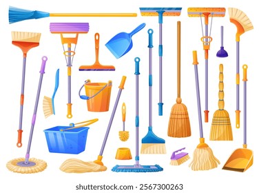 Cartoon broom and mop. Household cleaning tools, broomstick dustpan cleanup brush sweep floor housekeeping equipment plastic bucket scoop brooms duster, tidy vector illustration original artwork