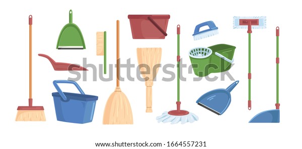Cartoon brooms scoops, bucket and dust pans\
set vector graphic illustration. Collection of different colored\
equipment for indoors cleaning, household tools isolated on white\
background