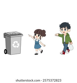 Cartoon Brother and Sister Throwing Trash Imto Rubbish Bin Together Vector Illustration