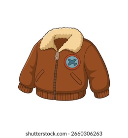 Chaqueta de aviador marrón de dibujos animados con un cuello de piel marrón y un icono de parche de avión