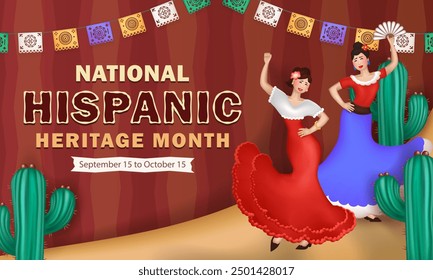 Cartoon brown banner with 3d traditional paper garlands and two cheerful Woman in dresses performing Latin dance on the sand among cacti. Greeting card for Hispanic Heritage Month with ethnic pattern