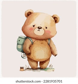 cartoon brown bear backpacker traveler watercolor white background