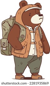 cartoon brown bear backpacker traveler white background