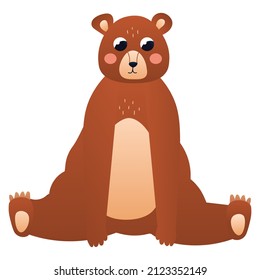 Cartoon brown bear character sitting in childish style, zoo animal isolated on white background, design element for poster or pattern, forest fauna