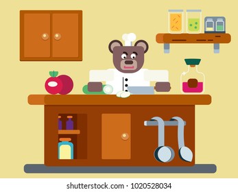 Cartoon brown bear the cook working at the kitchen flat illustration