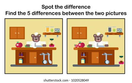 Cartoon brown bear the cook working at the kitchen flat illustration with find five differences puzzle