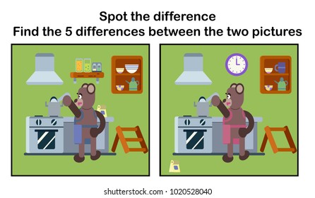 Cartoon brown bear cooking soup at the kitchen flat illustration with find five differences puzzle