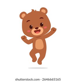 Filhote de Urso Marrom de Desenho Animado Saltando Felizmente no Fundo Branco Ilustração em Plena Foto