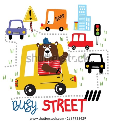 Cartoon brown bear driving yellow car surrounded by colorful vehicles and traffic lights in playful kids background. Transportation concept
