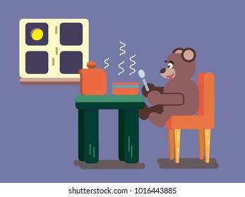 Cartoon brown bear eating soup at kitchen flat illustration