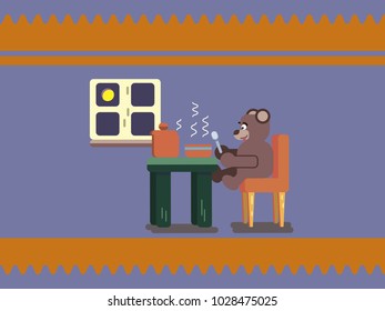 Cartoon brown bear eating soup at kitchen